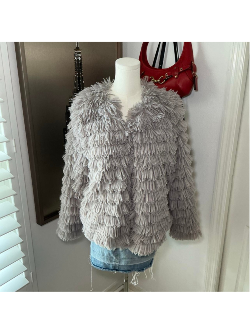 Gray Shaggy Fringe Faux Fur Jacket Open Front Statement Coat